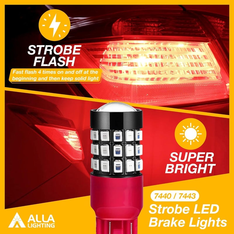 Alla Lighting Upgraded T20 7440 7443 LED Strobe Brake Lights Bulbs, Red Flashing Stop Lamps, W21W 7440LL 7443LL Strobe LED Taillights Replacement for Cars, Trucks, SUVs, Vans - Image 3